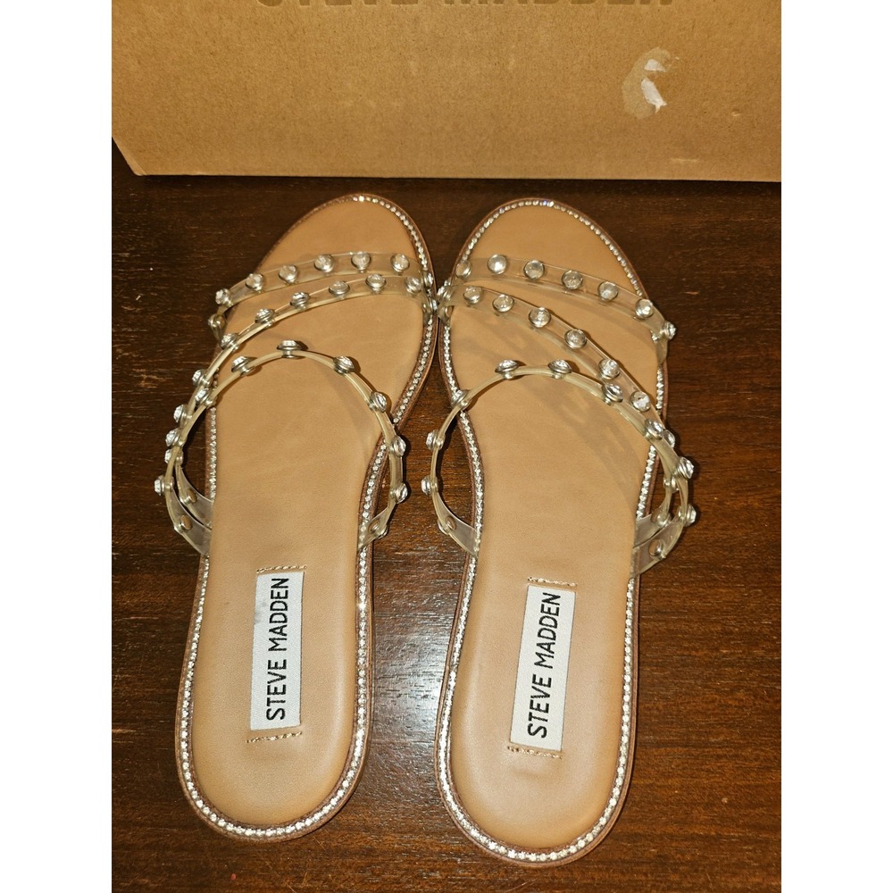 STEVE MADDEN Women Beige Slide Clear Diamond Strap Sandal Size 7.5 New in box - Picture 7 of 10
